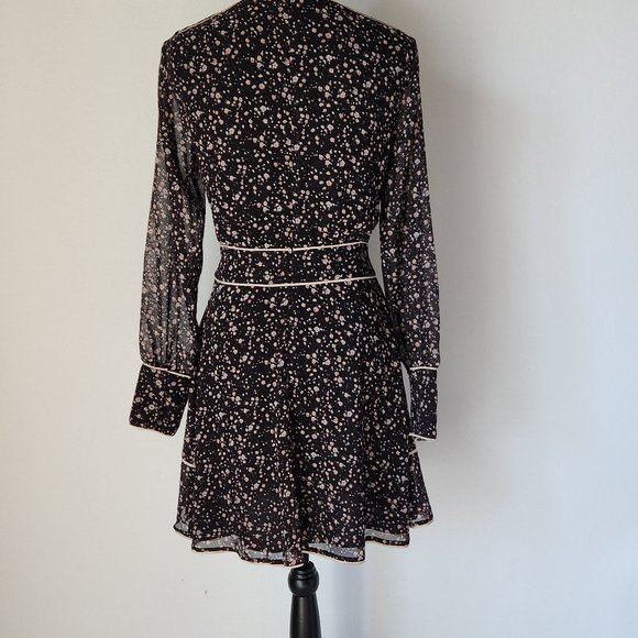 AllSaints Kay Floral Motif Sheer Chiffon Mini Dress Long Sleeve Black Pink - Picture 5 of 11